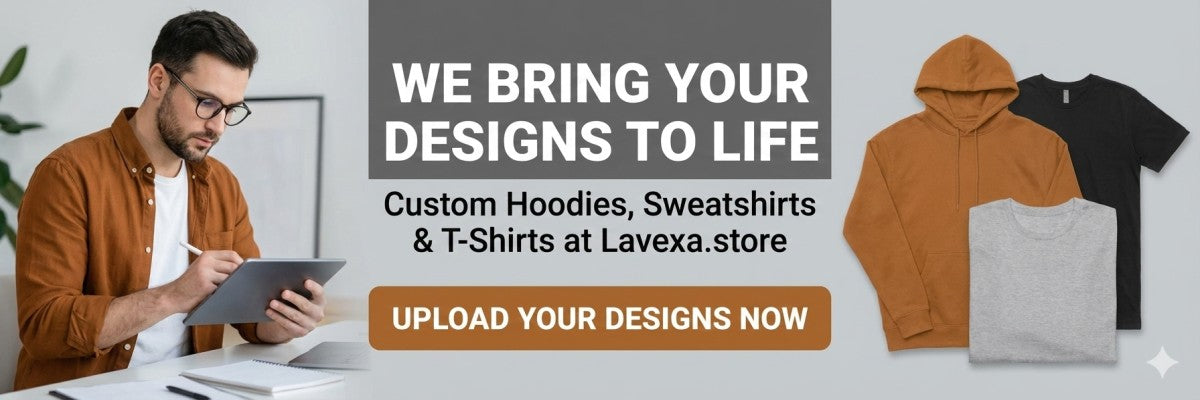 Promotional banner for Lavexa store with text and images of customizable hoodies and t-shirts.